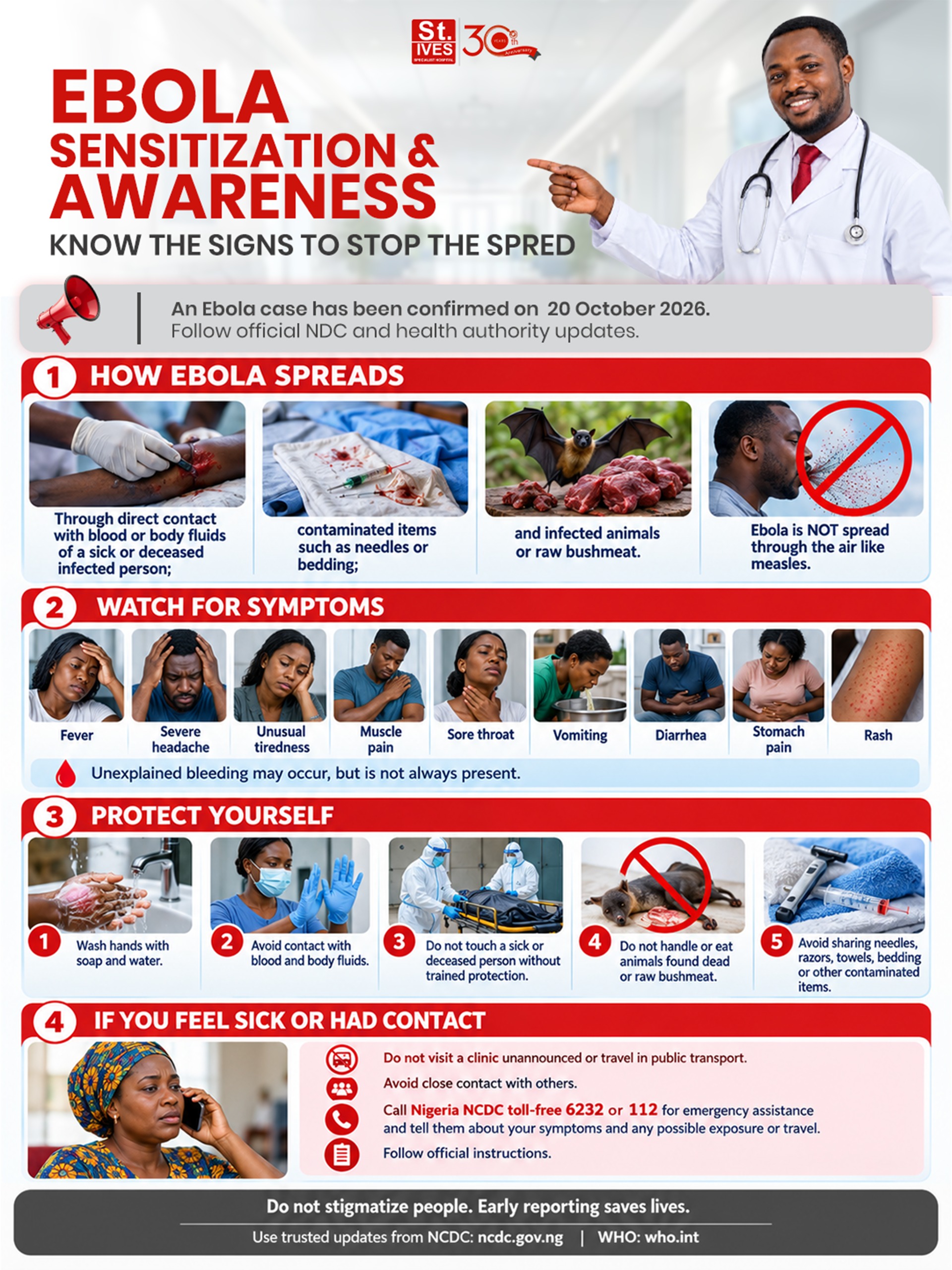 St. Ives Healthcare Ebola sensitisation and awareness flyer explaining transmission, symptoms and prevention.